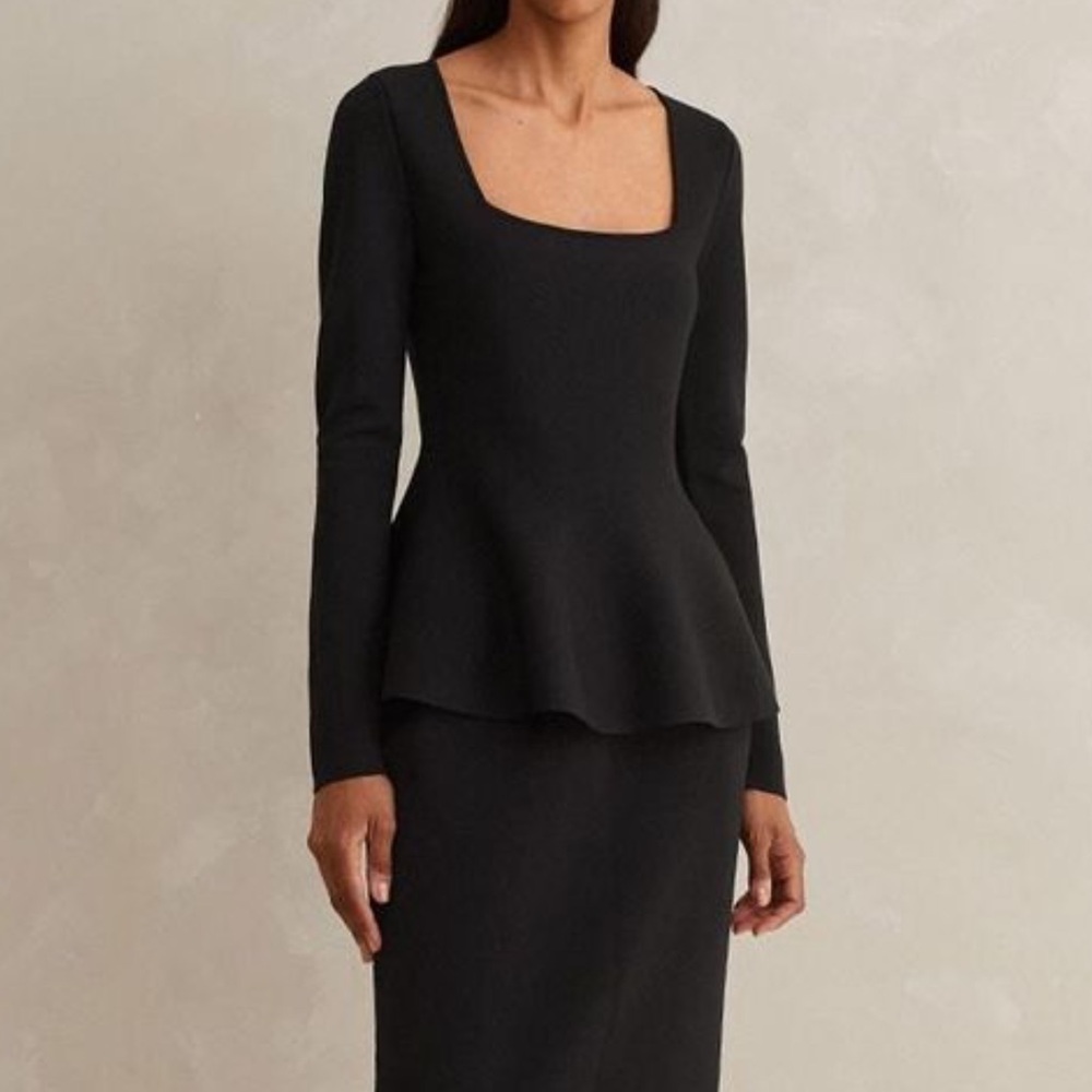 Me+EM Structured Peplum Long Sleeve Knit Top Size 8 Women Stretch Color Black